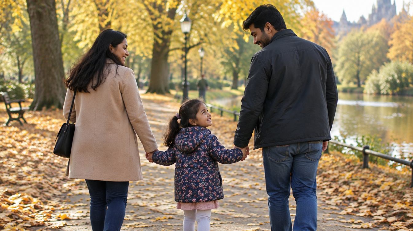 Family walking hand in hand in a London park in autumn
